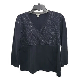 J. Jill‎ Women's Black Floral Embroidered Sequin Faux Wrap Surplus 3/4 Top Sz XL